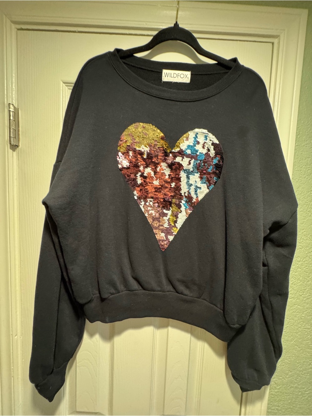 Wildfox Black Crewneck Sweater with Multicolor Sequin Heart